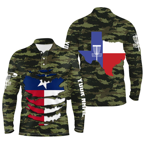 Personalized Green Camo Texas Mens Disc Golf Polo Shirts Patriotic Golf Shirts For Men LDT0269