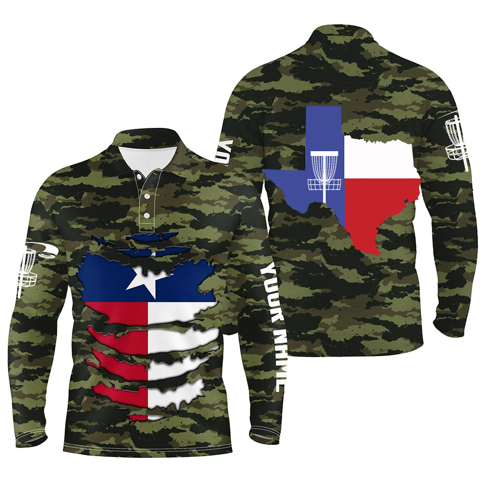 Personalized Green Camo Texas Mens Disc Golf Polo Shirts Patriotic Golf Shirts For Men LDT0269