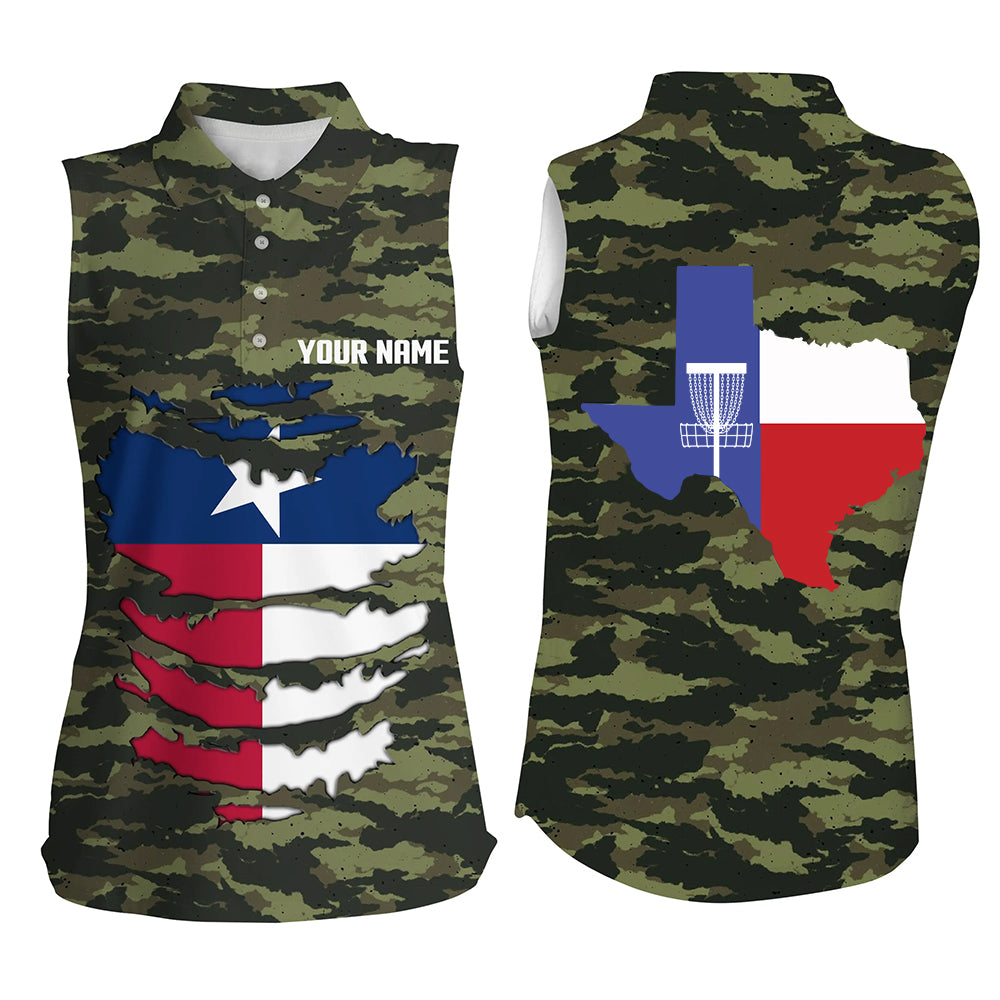 Personalized Green Camo Texas Womens Disc Golf Sleeveless Polo Shirts Patriotic Golf Shirts For Women LDT0269
