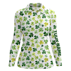 Watercolor Green Clover Leaf St Patrick Day Golf Polo Shirt Custom Name Golf Shirts For Women LDT1259