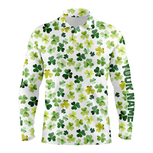 Watercolor Green Clover Leaf St Patrick Day Mens Golf Polo Shirt Custom Name Golf Shirts For Men LDT1259