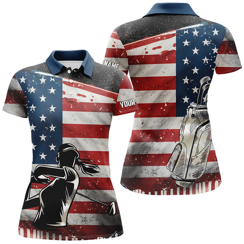 Retro American Flag Golf Women Polo Shirt Custom Name Patriotic Golf Tops For Women Golf Gift LDT0884