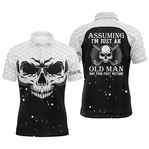 Assuming Im Just An Old Man Black White Skull Mens Golf Polo Shirt Scary Golf Shirts For Men LDT0591