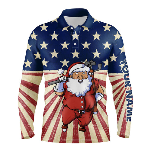 Santa Christmas Vintage American Flag Mens Golf Polo Shirts Funny Golf Shirts For Men Golf Gifts LDT0592