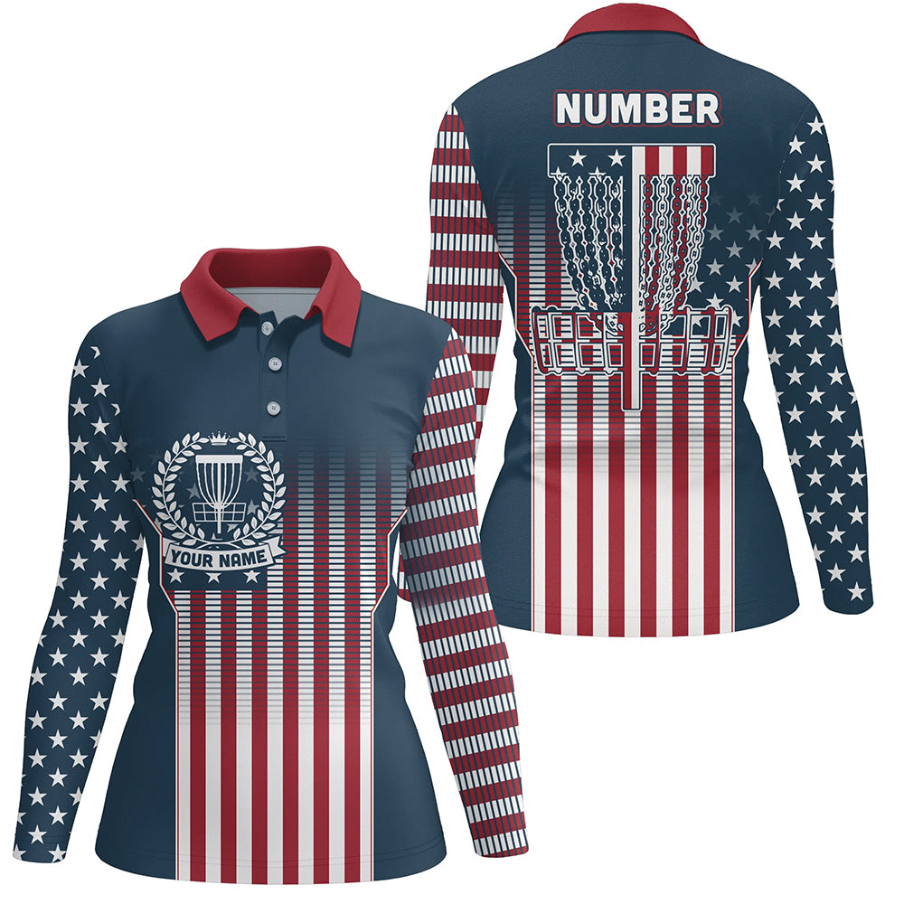 Customized Disc Golf Patriotic Gradient Usa Flag Womens Polo Shirt Disc Golf Gifts For Women LDT0597