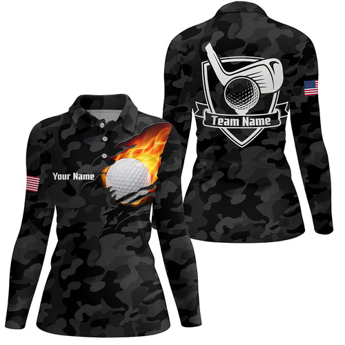 Black Camo Fire Golf Ball Flame Golf Polo Shirts Custom American Flag Golf Shirts For Women LDT0282