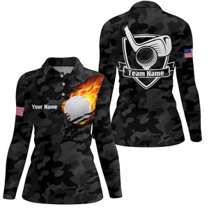 Black Camo Fire Golf Ball Flame Golf Polo Shirts Custom American Flag Golf Shirts For Women LDT0282