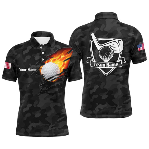 Black Camo Fire Golf Ball Flame Mens Golf Polo Shirts Custom American Flag Golf Shirts For Men LDT0282