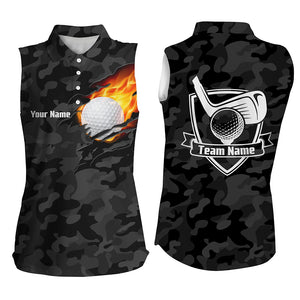 Black Camo Fire Golf Ball Flame Sleeveless Golf Polo Shirt Custom American Flag Golf Shirts For Women LDT0282