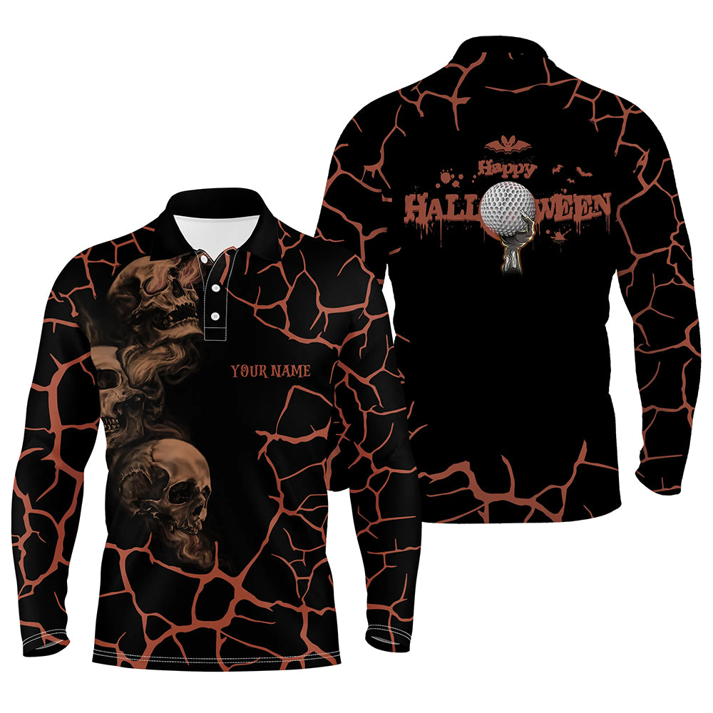Mens Orange Happy Halloween Skull Golf Polo Shirts Spooky Halloween Golf Gift Idea For Men LDT0323