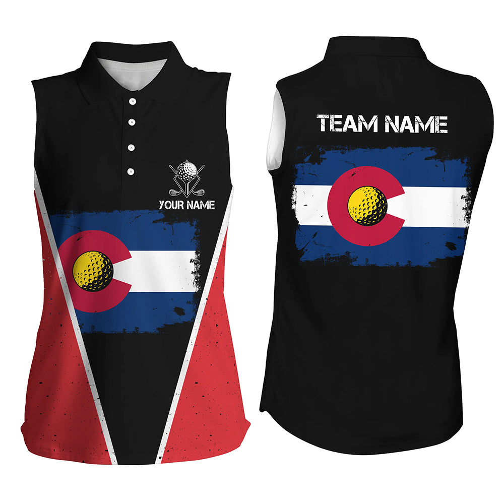 Retro Colorado Flag Black Womens Sleeveless Golf Polo Shirts Custom Patriotic Golf Shirts For Women LDT0328