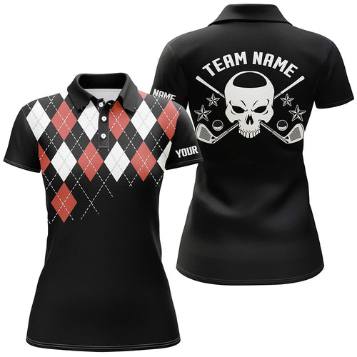 Red Argyle Pattern Womens Golf Polo Shirts, Customized Skull Golf Shirts For Women, Ladies Golf Gifts LDT0100