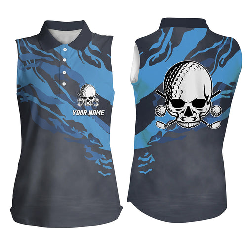 Personalized Skull Dark Blue Sleeveless Golf Polo Shirt Scary Golf Shirts For Women Funny Golf Gifts LDT0342