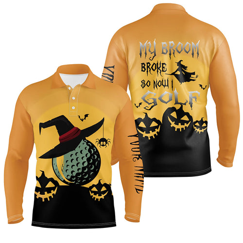 My Broom Broke So Now I Golf Orange Mens Halloween Polo Shirts Witch Scary Golf Gifts For Men LDT0346