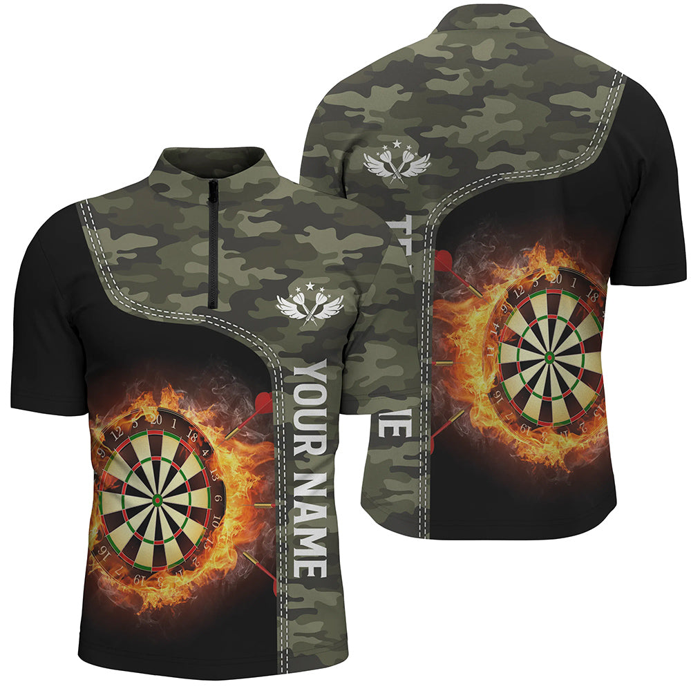 Green Camo Flame Darts Board Mens Quarter zip Shirt Custom Darts Shirt For Men Dart Jersey LDT0654