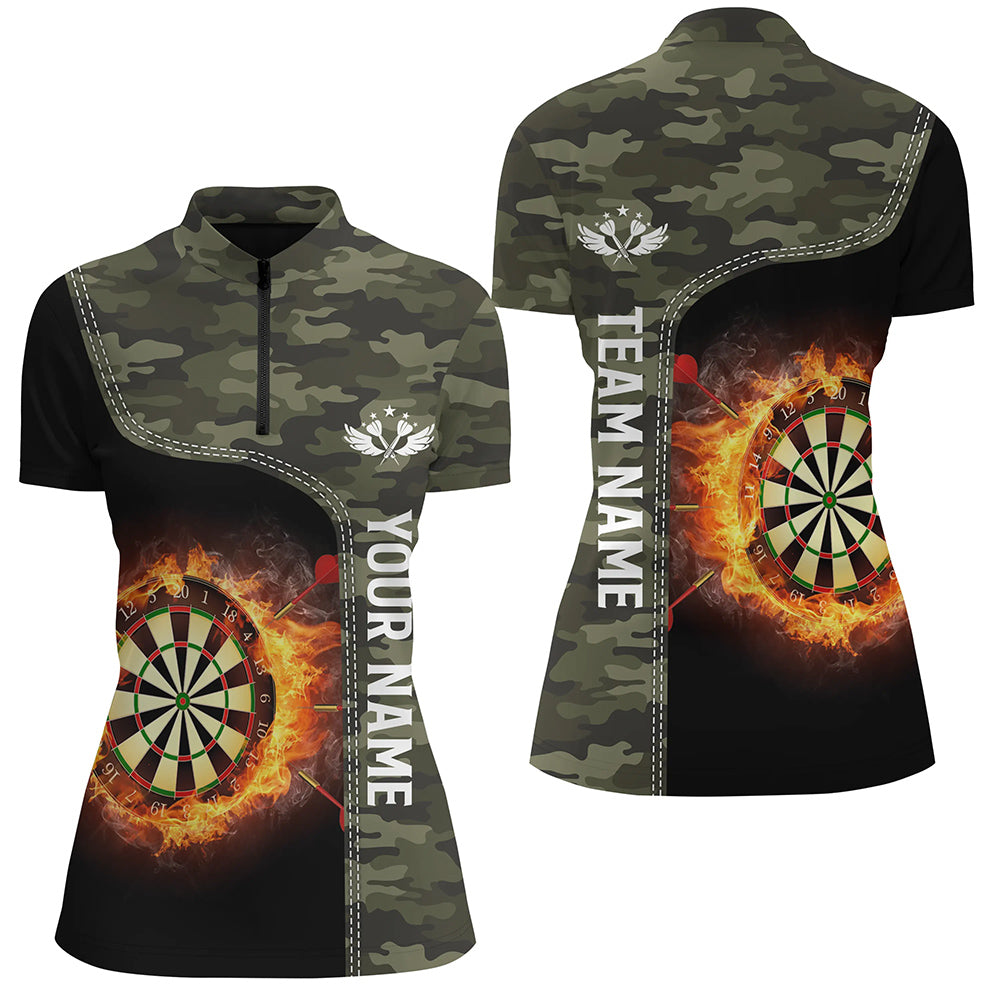 Green Camo Flame Darts Board Quarter zip Shirt Custom Darts Shirt For Women Dart Jersey LDT0654