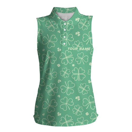 Green Clovers St Patrick Day Womens Sleeveless Polo Shirt Custom Name Shamrock Golf Shirts For Women LDT1330