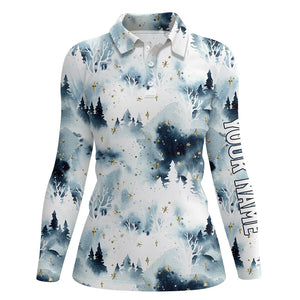 Watercolor Winter Forest Christmas Trees Golf Polo Shirts Christmas Golf Shirts For Women LDT0658