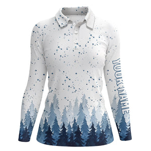 Watercolor Blue Christmas Trees & Snowfall Women Golf Polo Shirt Winter Golf Shirts For Women LDT0659