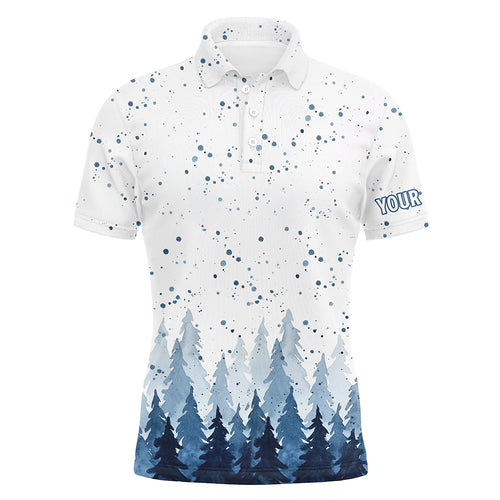 Watercolor Blue Christmas Trees & Snowfall Men Golf Polo Shirts Winter Golf Shirts For Men LDT0659