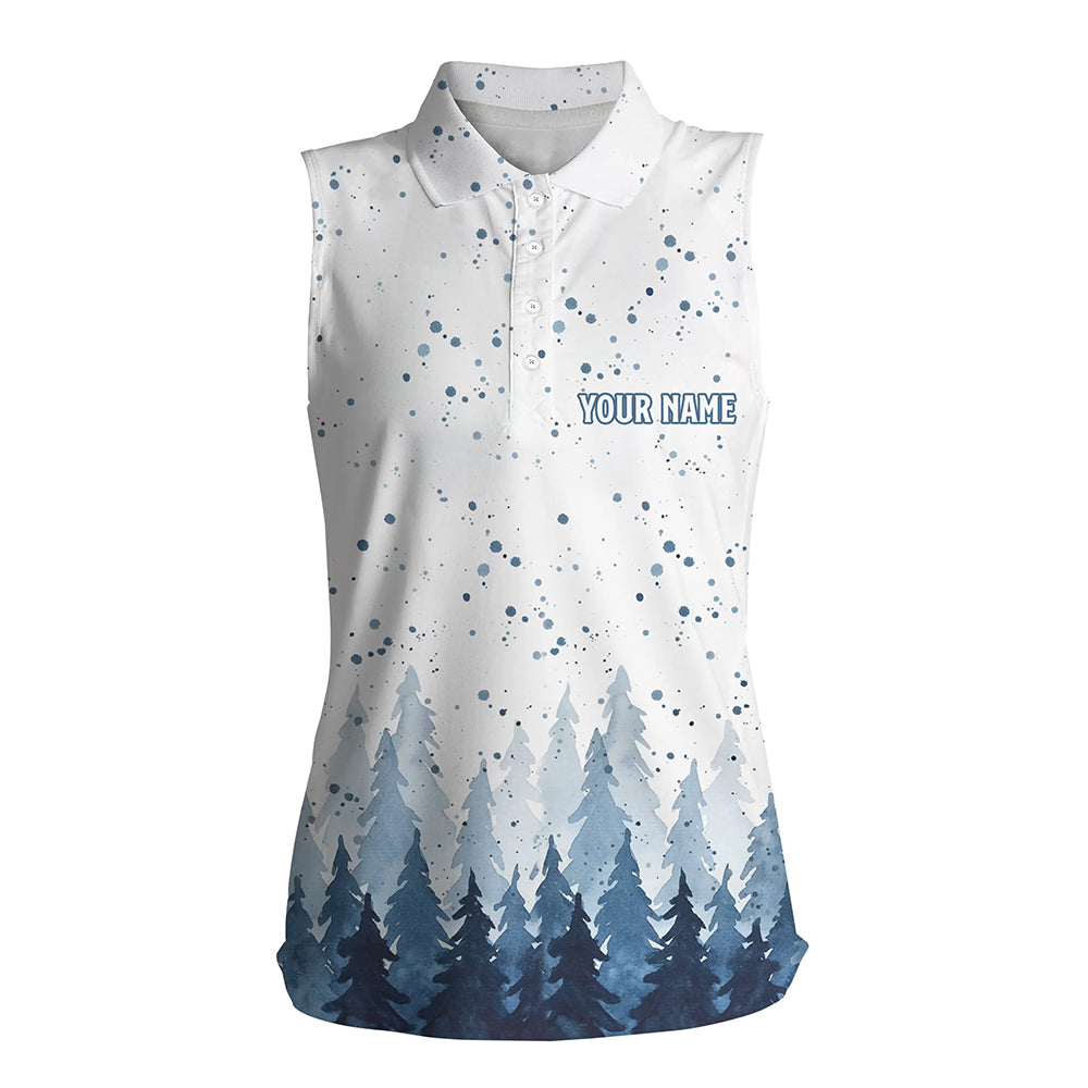 Watercolor Blue Christmas Trees & Snowfall Womens Sleeveless Polo Shirt Winter Golf Shirts For Women LDT0659