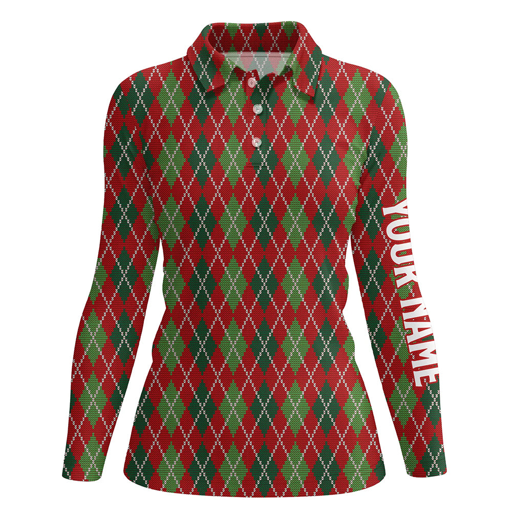 Christmas Argyle Knitted Womens Golf Polo Shirt Red Green All Over Print Golf Shirt For Women LDT0662