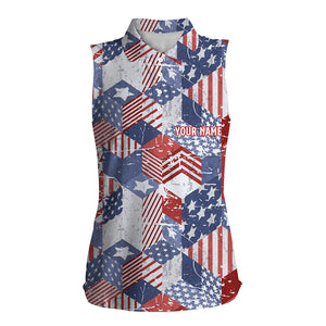 Watercolor American Flag Women Sleeveless Polo Shirt 3D Isometric Cube Patriotic Golf Shirt For Women LDT0666