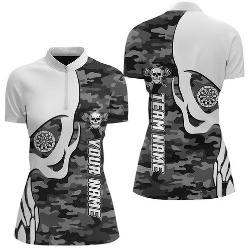 Personalized Grey Camo Skull Darts Quarter-Zip Shirt Custom Women Darts Shirt Dart Jersey LDT0683