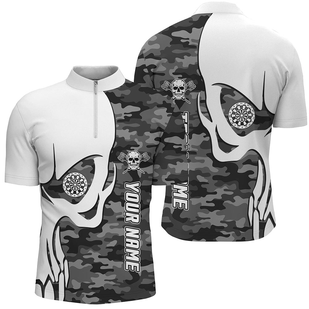 Personalized Grey Camo Skull Darts Quarter-Zip Shirt Custom Dart Shirt For Men Dart Jersey LDT0683