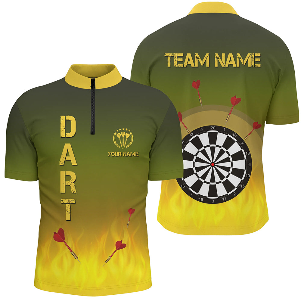 Gradient Green Yellow Fire Flame Darts Quarter Zip Shirts Custom Darts Jersey For Men LDT0407