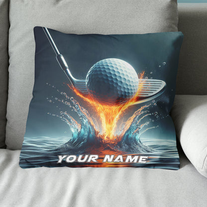 Fire & Water Golf Club & Ball Custom Throw Pillow Personalized Goft Gift LDT1154