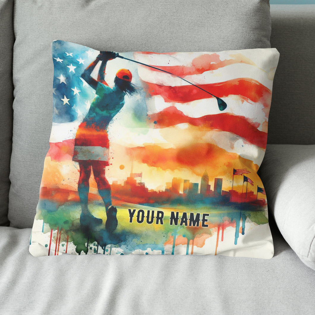 Watercolor American Flag Custom Pillow Personalized Patriot Golfer Gifts LDT1174