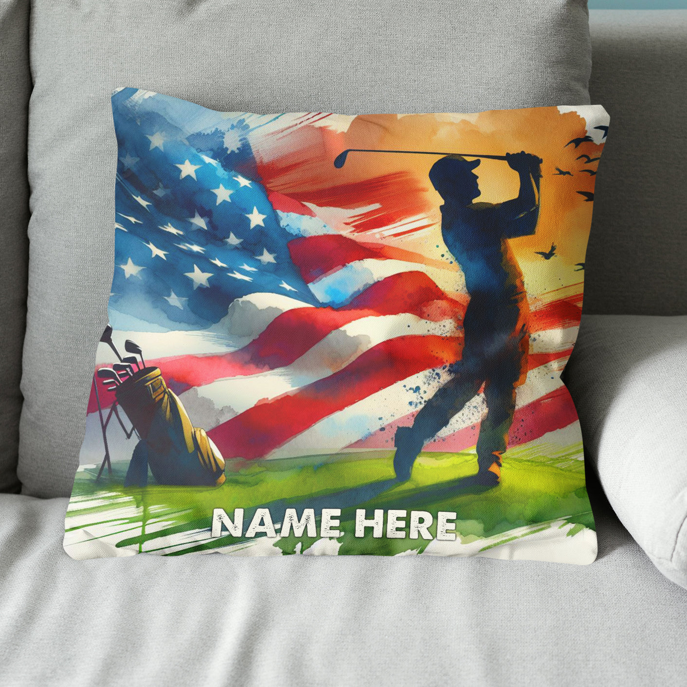 Watercolor Usa Flag Custom Golf Pillow Personalized Patriotic Golf Gifts LDT1176