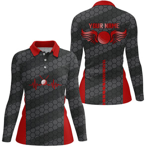 Red And Black Heartbeat Womens Golf Polo Shirts Custom Golf Polos For Women, Cool Golf Gifts LDT0162