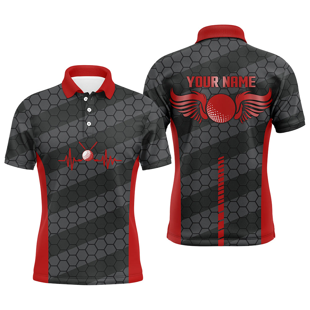 Red And Black Heartbeat Mens Golf Polo Shirts Personalized Golf Polos For Men, Cool Golf Gifts LDT0162