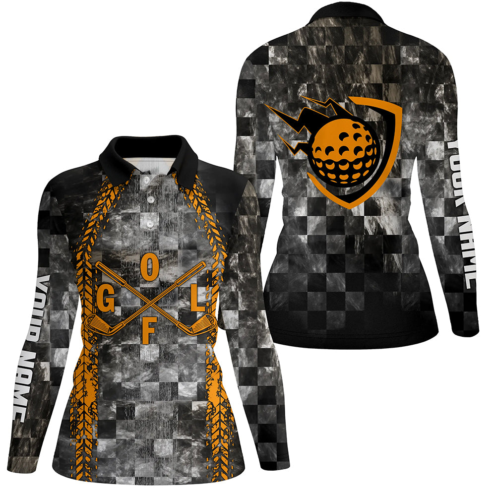 Golf Orange Womens Polo Shirt Checker Pattern Racing Polos For Womens, Best Gift For Golfers LDT0166
