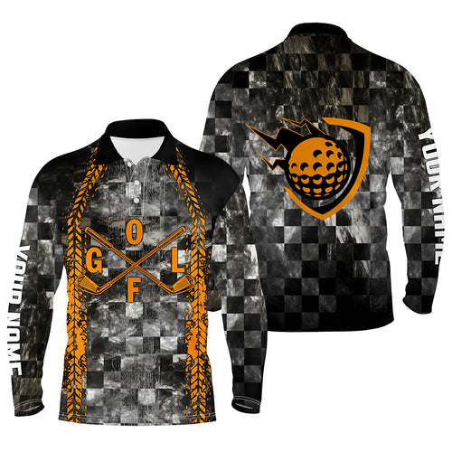 Golf Orange Mens Polo Shirt Custom Checker Pattern Racing Polos For Mens, Best Gift For Golfers LDT0166