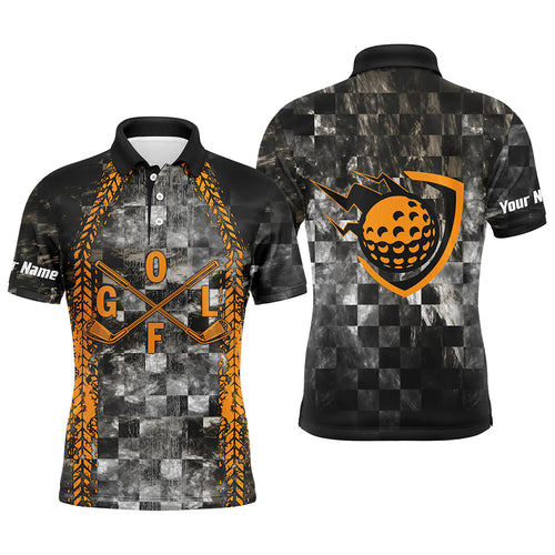 Golf Orange Mens Polo Shirt Custom Checker Pattern Racing Polos For Mens, Best Gift For Golfers LDT0166