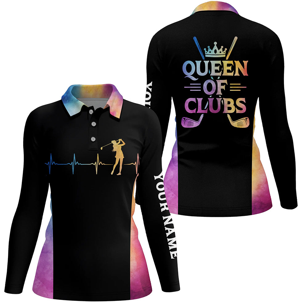 Queen Of Clubs Golf Polo Shirt Custom Heartbeat Black Golf Shirts For Women Colorful Golf Top LDT0183
