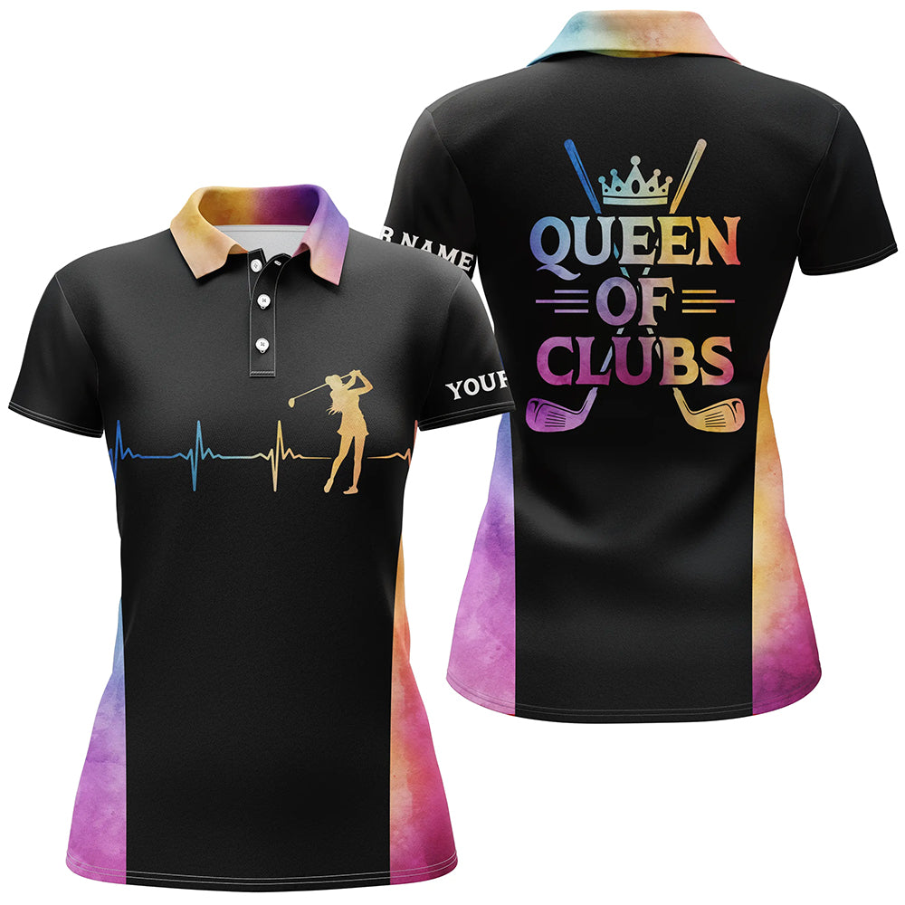 Queen Of Clubs Golf Polo Shirt Custom Heartbeat Black Golf Shirts For Women Colorful Golf Top LDT0183