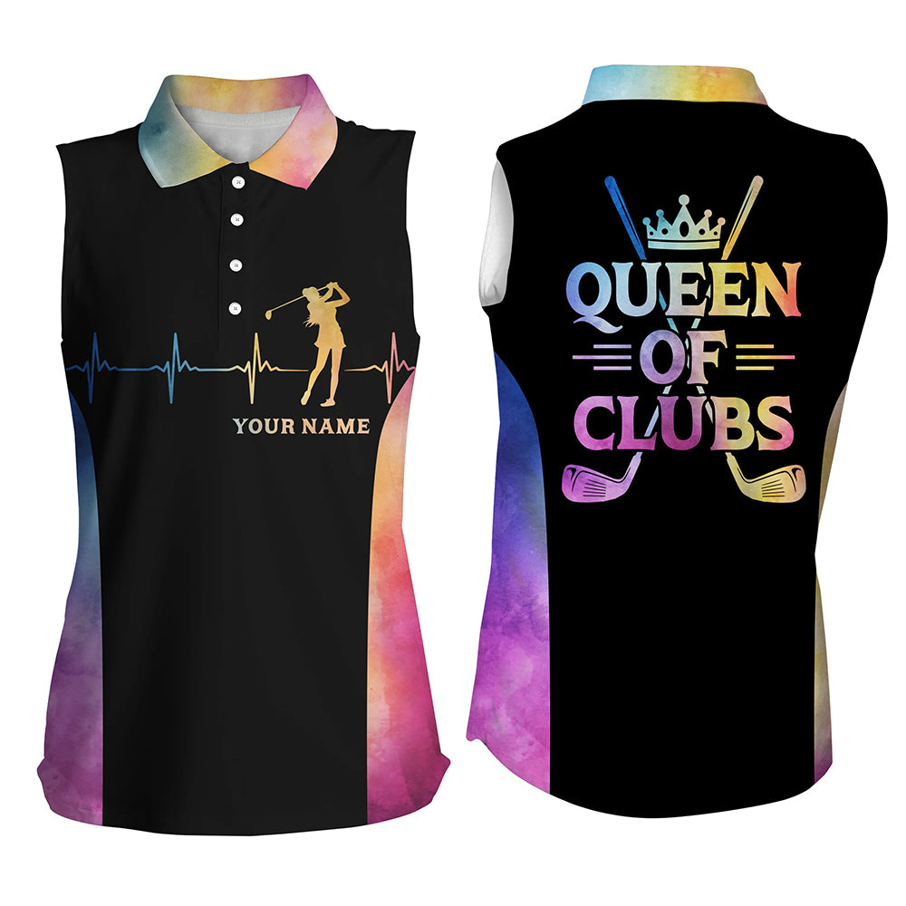 Queen Of Clubs Golf Sleeveless Polos Custom Heartbeat Black Golf Shirts For Women Colorful Golf Top LDT0183