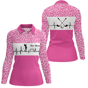 Pink Leopard Pattern Golf Girl Heartbeat Women Polo Shirt, Best Pink Golf Shirt For Ladies LDT0004