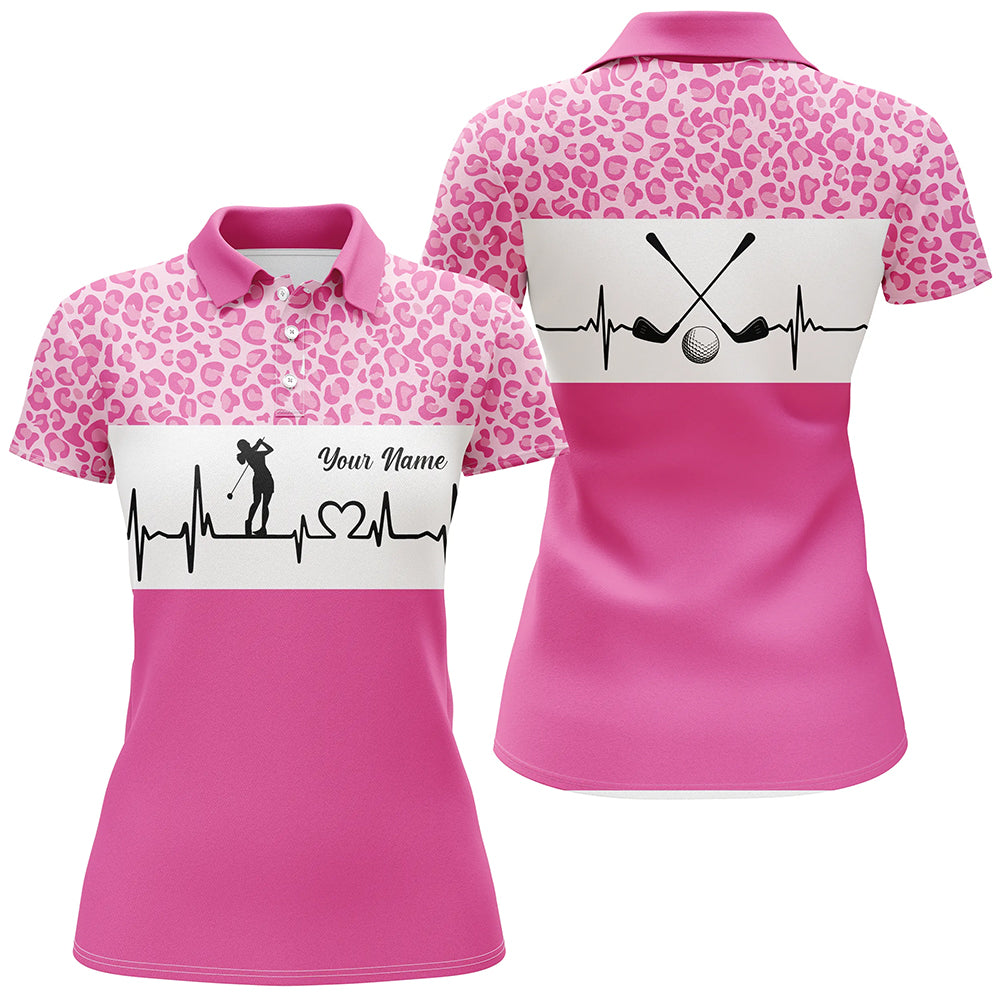 Pink Leopard Pattern Golf Girl Heartbeat Women Polo Shirt, Best Pink Golf Shirt For Ladies LDT0004