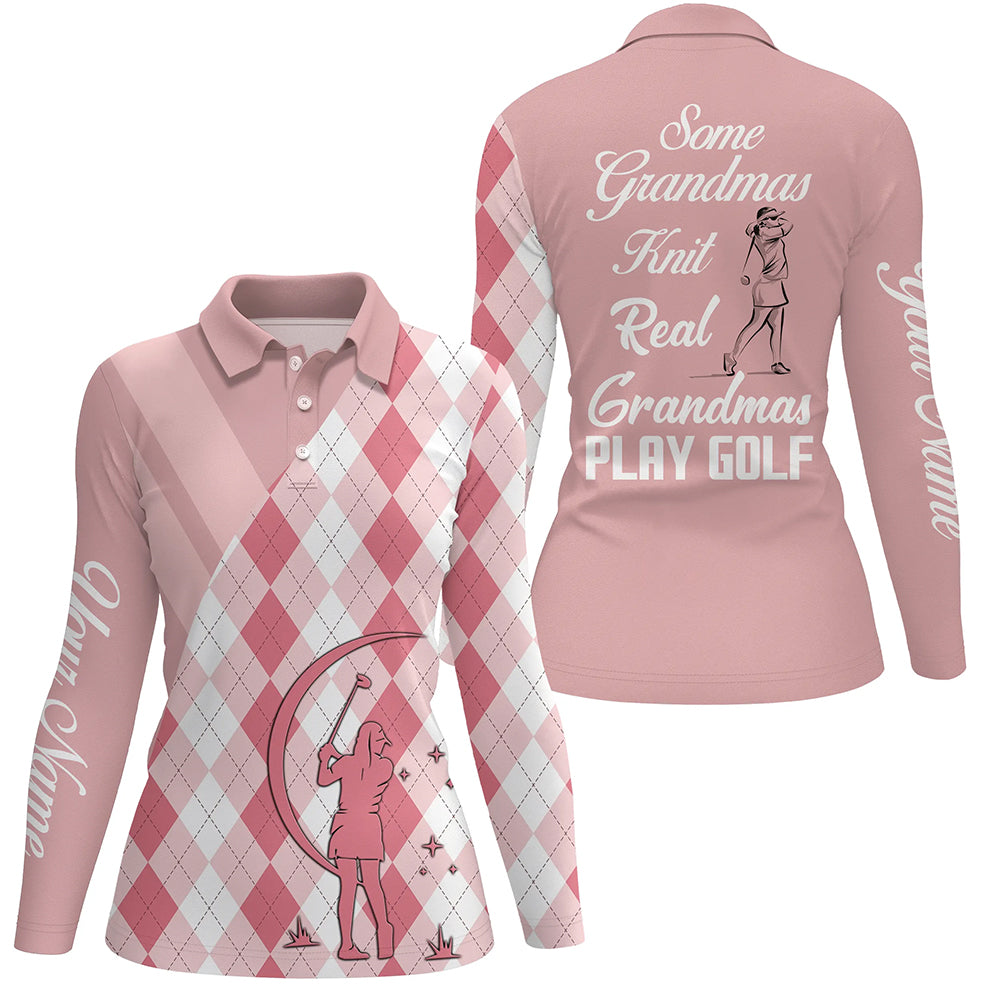 Some Grandmas Knit Real Light Pink For Ladies, Argyle Pink Custom Name Women 3D Polo Shirt LDT0008
