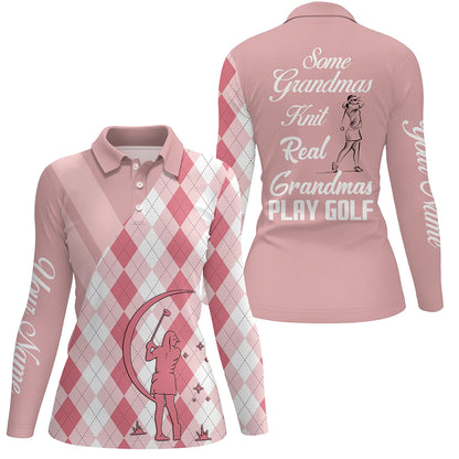 Some Grandmas Knit Real Light Pink For Ladies, Argyle Pink Custom Name Women 3D Polo Shirt LDT0008