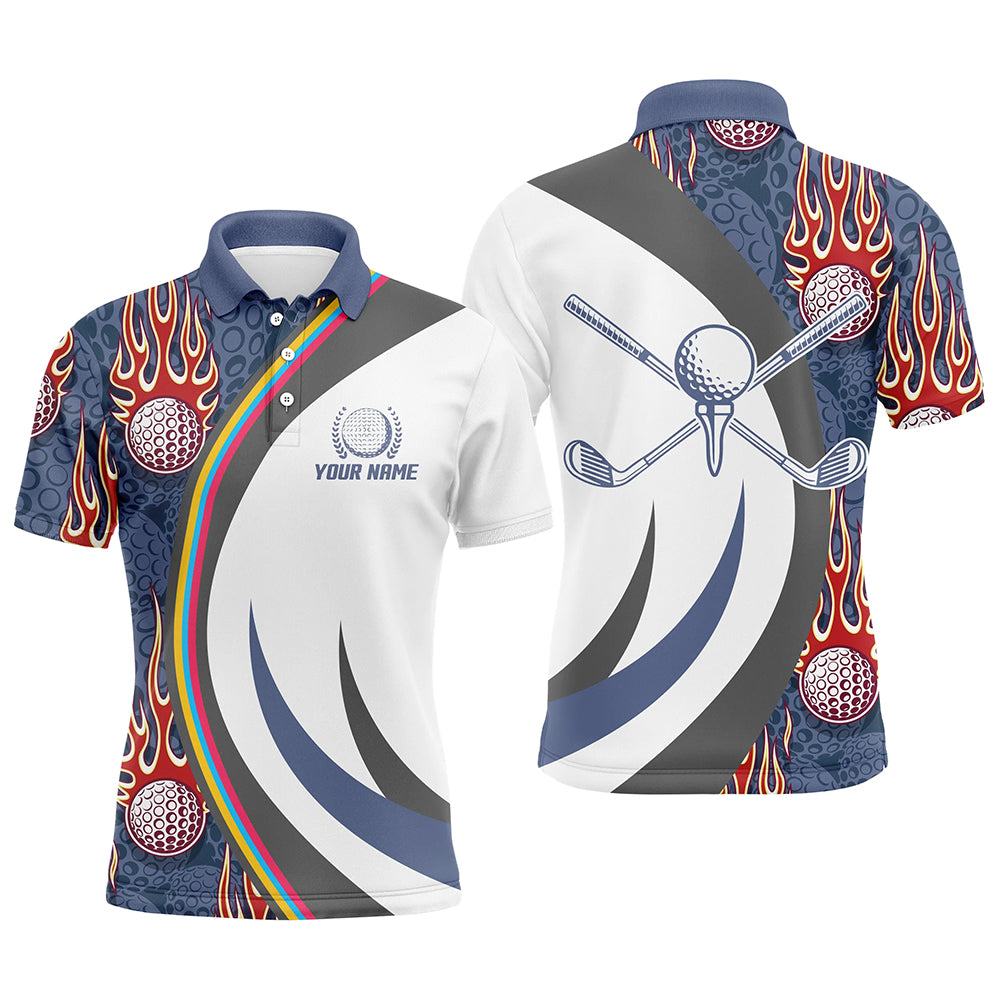 Red Flame Golf Ball Mens Polo Shirts Blue Custom Name Golf Shirts For Men, Best Golf Gifts LDT0445