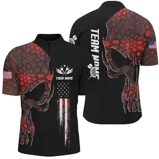 Red Geometric Camo American Flag Skull Darts Quarter Zip Shirt Patriotic Men Dart Jerseys LDT0990