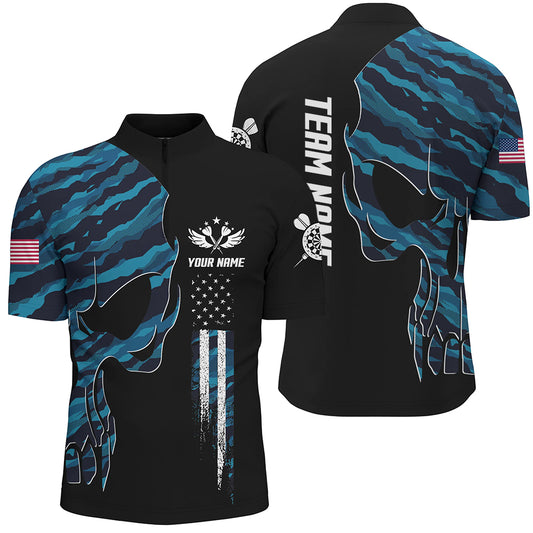 Skull Blue Camouflage American Flag Darts Quarter Zip Shirt Patriotic Dart Jerseys For Men LDT0991