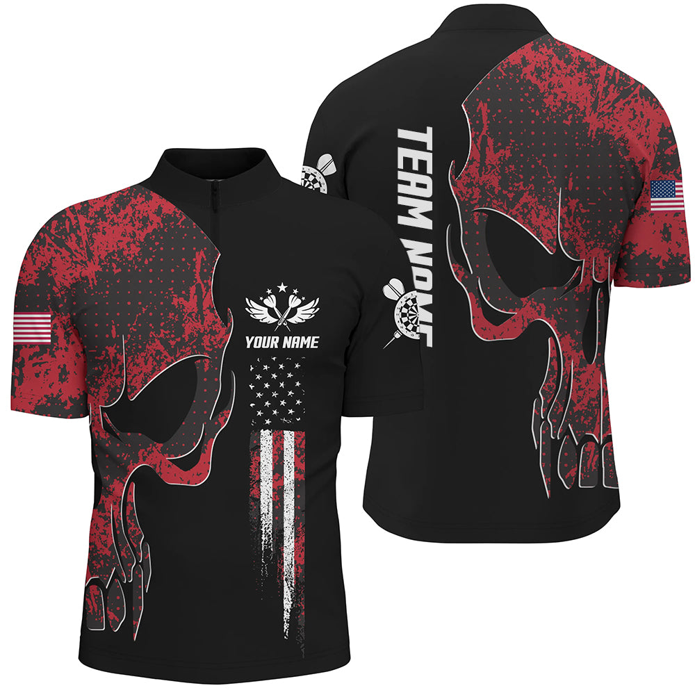 Red Grunge Camo American Flag Skull Darts Quarter-zip Shirt Patriotic Dart Jerseys For Men LDT0992