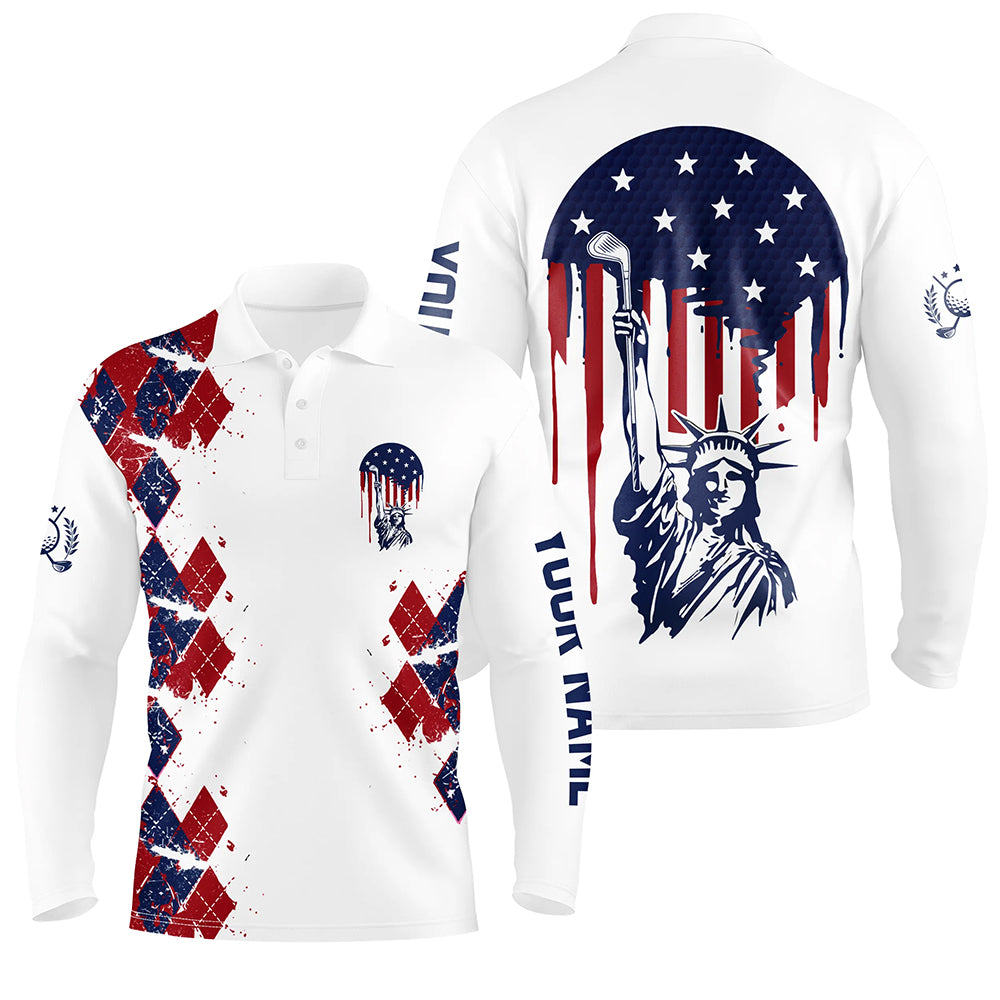 Statue Of Liberty 4Th Of July American Flag Argyle Mens Golf Polos Patriotic Golf Shirts For Men LDT0476